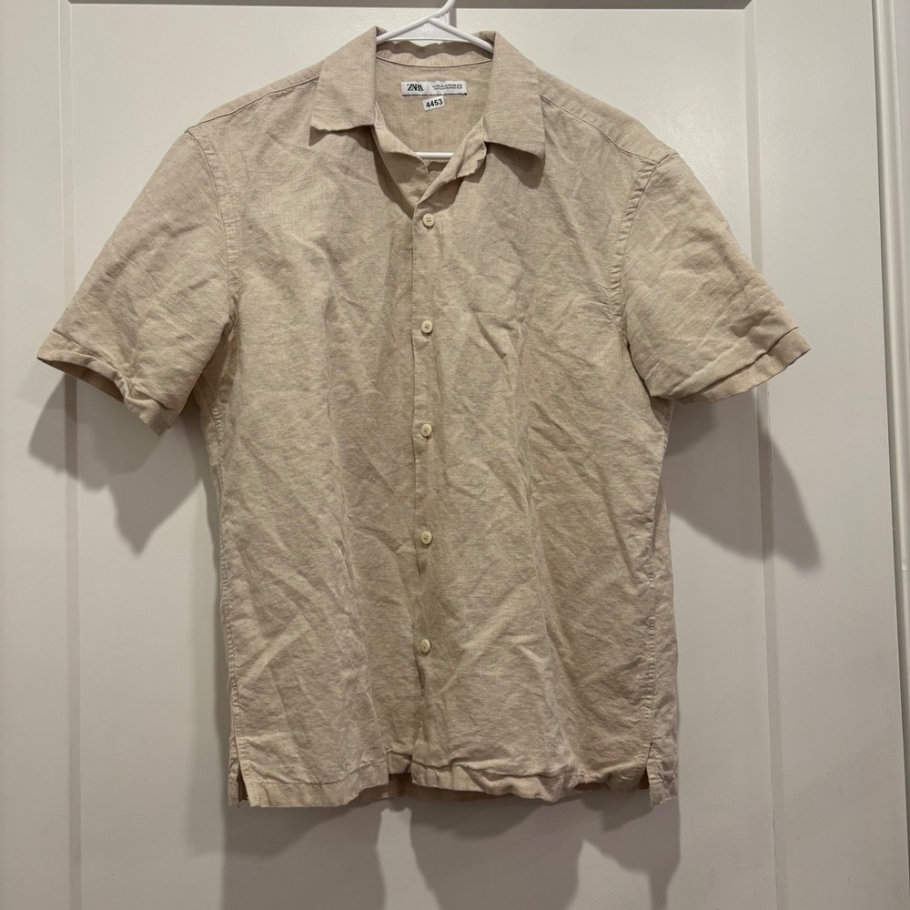 Zara Mens Linen Cotton Blend Short Sleeve Button Down Shirt Beige Size M